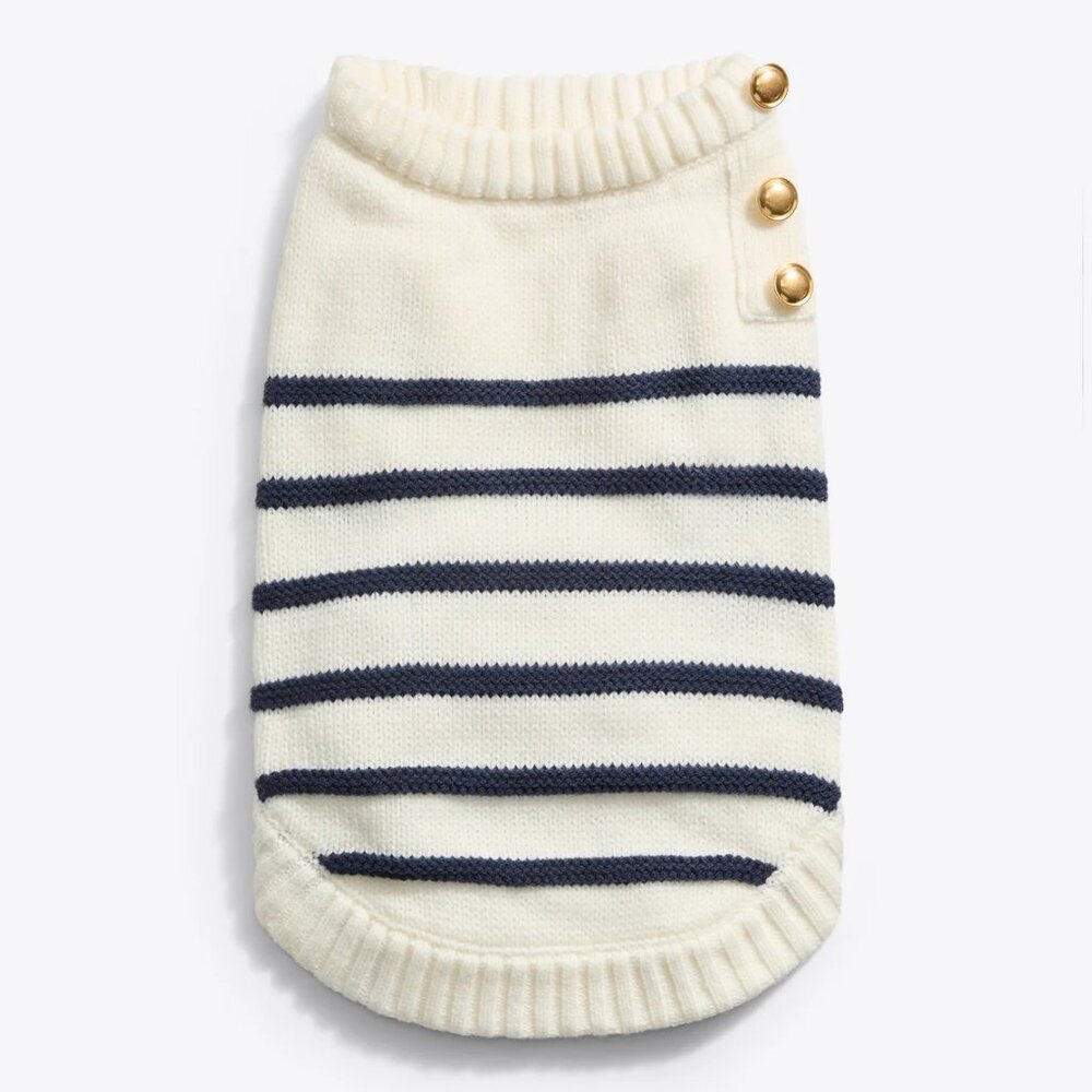 Draper James Medium Dog Sweater White With Navy Stripes Gold Buttons NWT
